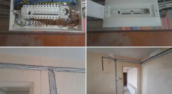 Nowe przewody i bezpieczniki w mieszkaniu. Trwa wymiana instalacji elektrycznej, widać rozdzielnicę i ułożone kable.