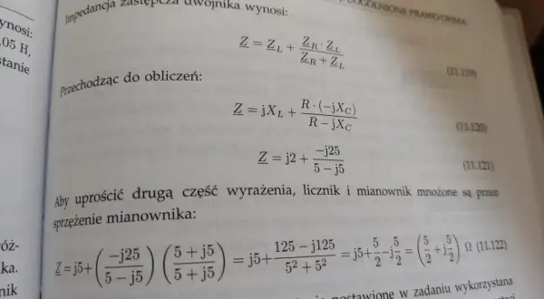 Obliczenia pokazują, jak wyznaczyć impedancję zastępczą dwójnika, stosując prawo Ohma.