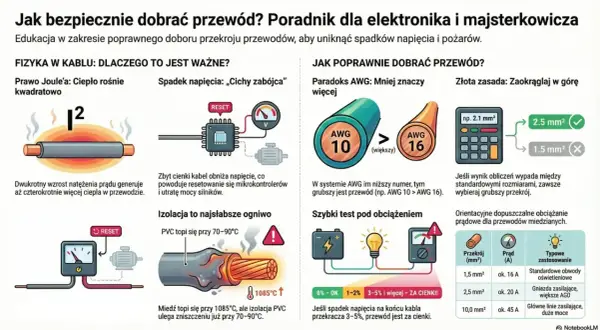 Ilustracja przedstawia schematy i wykresy dotyczące doboru przewodów elektrycznych, w tym prawo Joule'a, spadek napięcia i porównanie systemów AWG.