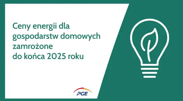 Grafika z żarówką i liściem, tekst: Ceny energii dla gospodarstw domowych zamrożone do końca 2025 roku.