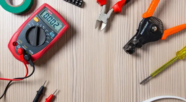 Narzędzia elektryczne: multimetr, kombinerki, ściągacz izolacji, śrubokręt, taśma izolacyjna i złączka. Widać też kabel z żyłami, w tym przewód neutralny.