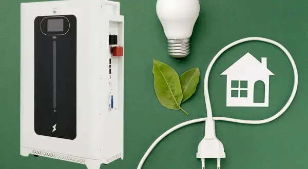 Nowoczesny magazyn energii bez fotowoltaiki, symbol domu i żarówka.