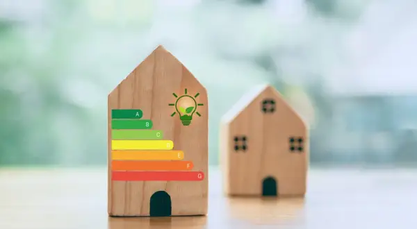Drewniane domki z etykietą energetyczną, gdzie jeden z nich ma klasę energetyczną G. Symbol żarówki z liściem sugeruje ekologiczne rozwiązania.
