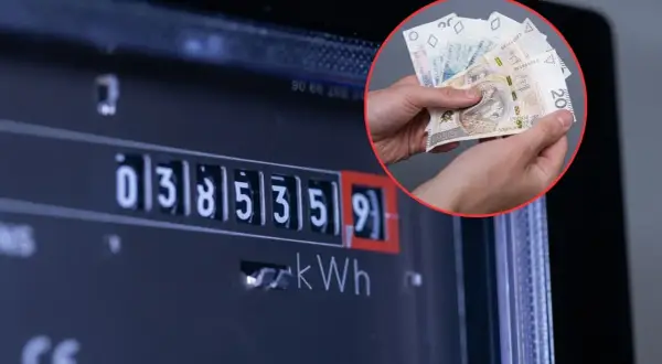 Licznik energii elektrycznej i dłonie trzymające polskie banknoty. Zastanawiasz się, ile kosztuje 1 kWh?