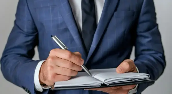 Biznesmen w garniturze notuje ważne informacje. Czy to będą pozytywne axpo polska opinie?
