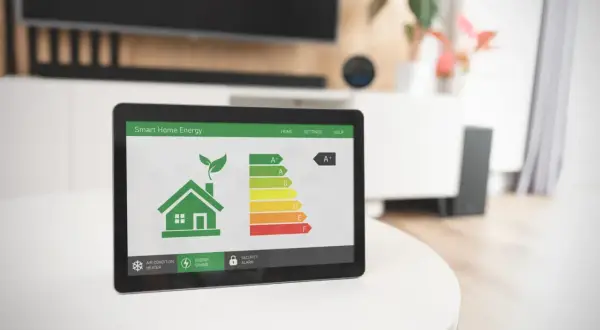 Tablet z aplikacją Smart Home Energy pokazuje skalę klas energetycznych, gdzie dom ma klasę A+. Dbałość o środowisko i oszczędność energii.