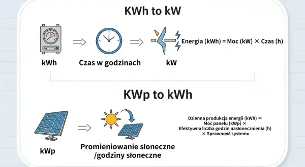 Wyjaśnienie jednostek: kWh to kW (energia = moc × czas) i kWp to kWh (produkcja energii zależy od mocy panelu, godzin nasłonecznienia i sprawności).