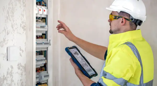 Elektryk w kasku i kamizelce odblaskowej sprawdza instalację elektryczną na tablecie.