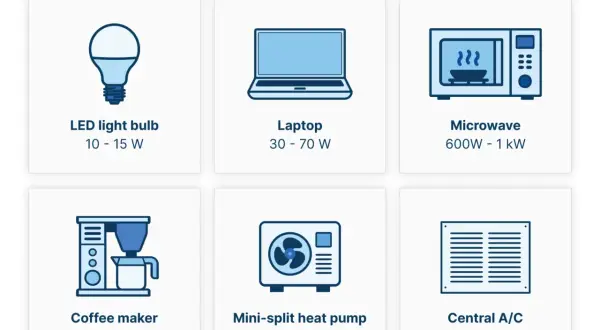Grafika pokazuje zużycie energii przez urządzenia domowe: żarówkę LED (10-15 W), laptop (30-70 W), mikrofalówkę (do 1 kilowat), ekspres do kawy (1 kilowat), pompę ciepła (1-2,5 kilowata) i klimatyzację (3-5 kilowatów).