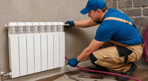 Instalator wykonuje podłączenie grzejnika od dołu, używając narzędzi i węża.