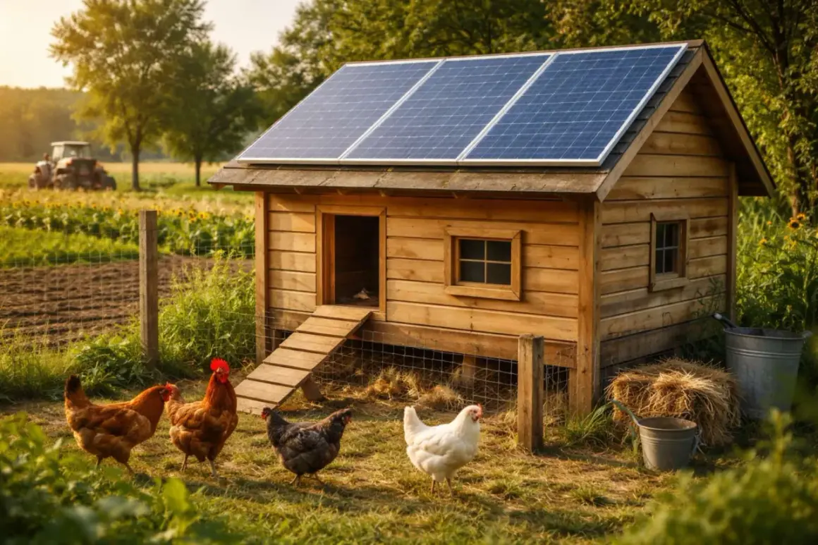 Kurnik z panelami słonecznymi, symbolizujący instalację off grid. Kury pasące się na trawie obok.