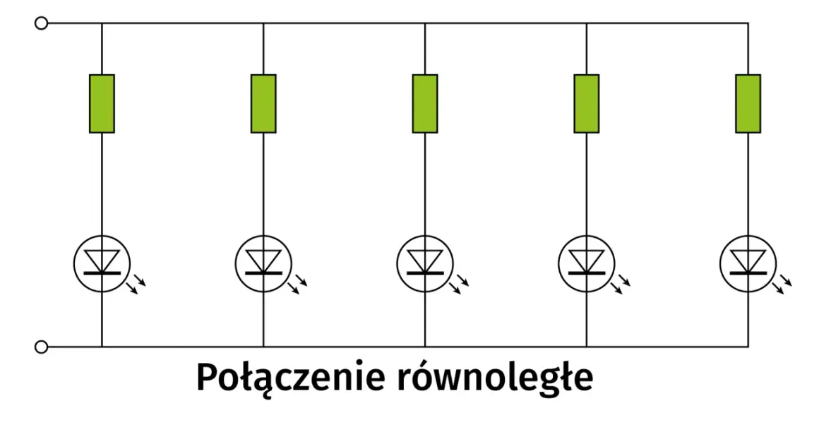 Schemat połączenia równoległego pięciu diod LED, z których każda ma swój rezystor ograniczający prąd.