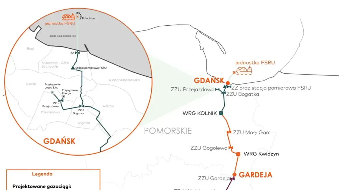 Mapa przedstawia projektowane gazociągi, w tym jednostkę FSRU w Gdańsku i połączenia z siecią przesyłową.