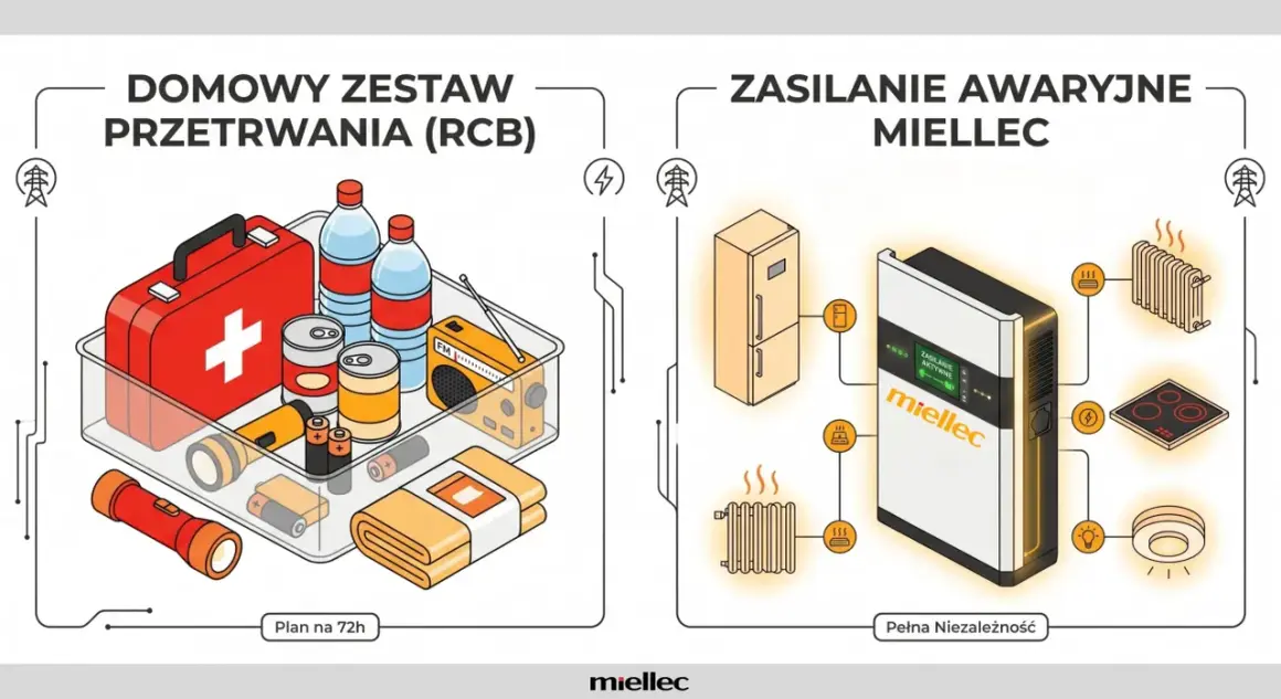 Zestaw przetrwania na wypadek awarii zasilania: apteczka, woda, konserwy, radio, latarka. Obok system zasilania awaryjnego Miellec z lodówką, grzejnikiem, płytą i oświetleniem.