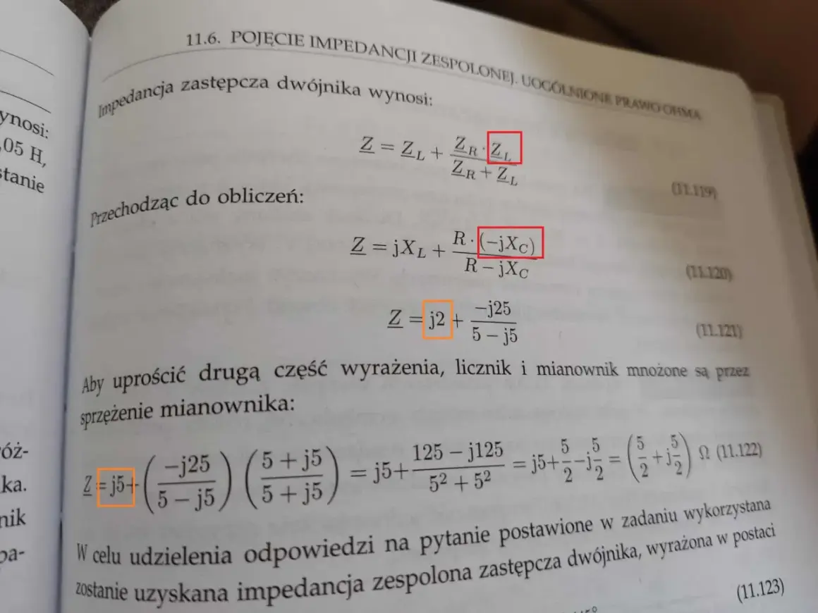 Wzór na impedancję zespoloną dwójnika: Z = jXL + R(-jXc)/(R-jXc). Obliczenia pokazują, jak uzyskać wynik.
