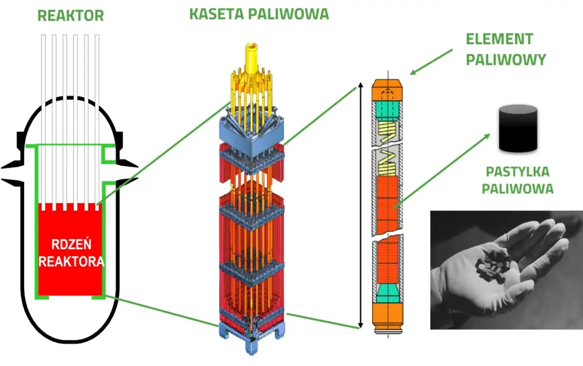 Schemat reaktora, kasety paliwowej i elementu paliwowego. W rękawiczce widać pastylki paliwowe, zawierające uran 235.