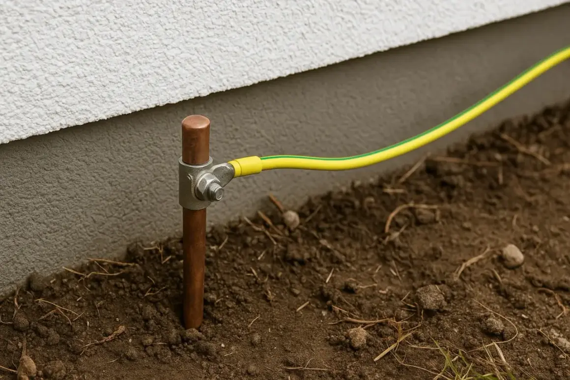 Uziemienie w starej instalacji: miedziany pręt w ziemi, do którego przyłączony jest żółto-zielony przewód. Bezpieczeństwo przede wszystkim!
