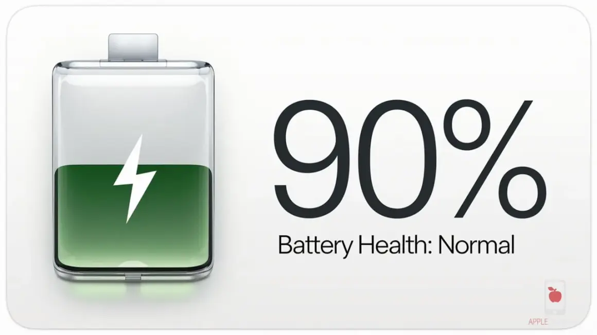 Ikona baterii z błyskawicą i napisem "90% Battery Health: Normal". Dowiedz się, jak sprawdzić kondycję baterii.