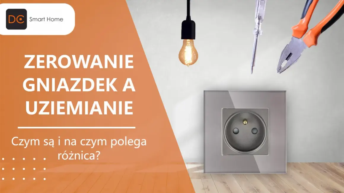 Zerowanie gniazdek i uziemianie – narzędzia elektryczne i gniazdko sugerują, że temat dotyczy bezpieczeństwa elektrycznego.