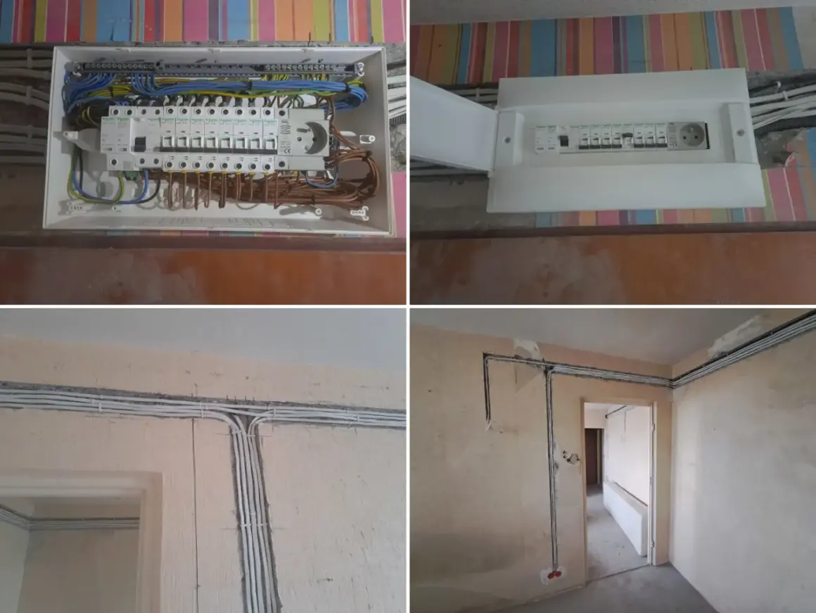 Nowe przewody i bezpieczniki w mieszkaniu. Trwa wymiana instalacji elektrycznej, widać rozdzielnicę i ułożone kable.