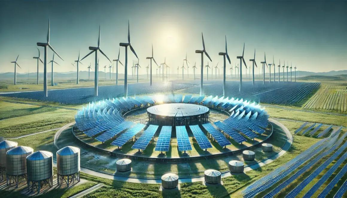 Futurystyczna elektrownia z wiatrakami i panelem słonecznym w kształcie pierścienia, przypominającym reaktor fuzyjny.