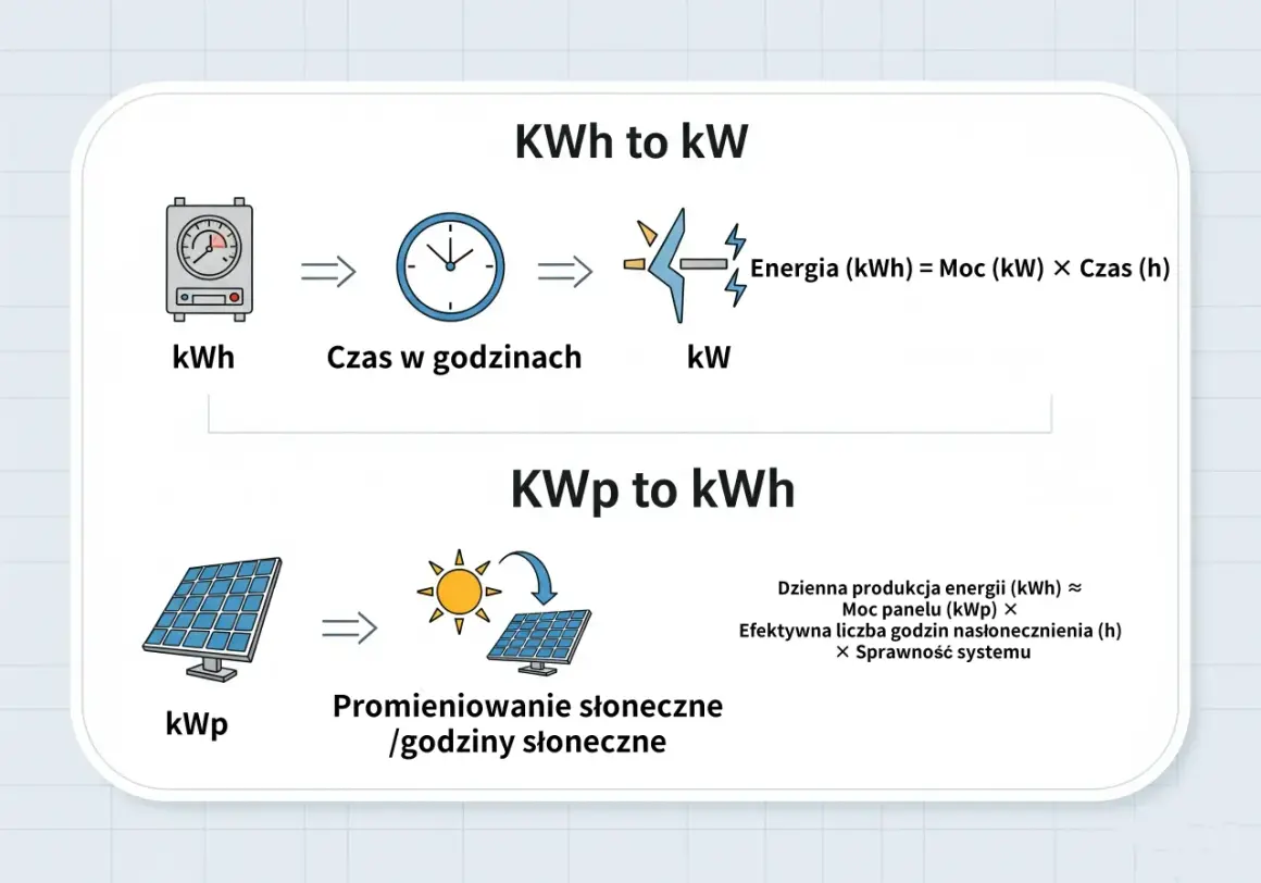 Wyjaśnienie jednostek: kWh to kW (energia = moc × czas) i kWp to kWh (produkcja energii zależy od mocy panelu, godzin nasłonecznienia i sprawności).