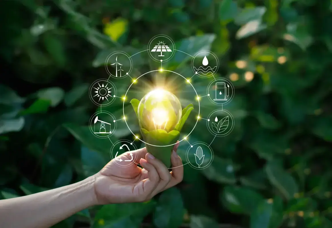 Dłoń trzyma żarówkę z zielonymi liśćmi, otoczoną ikonami symbolizującymi różne źródła energii, w tym OZE.