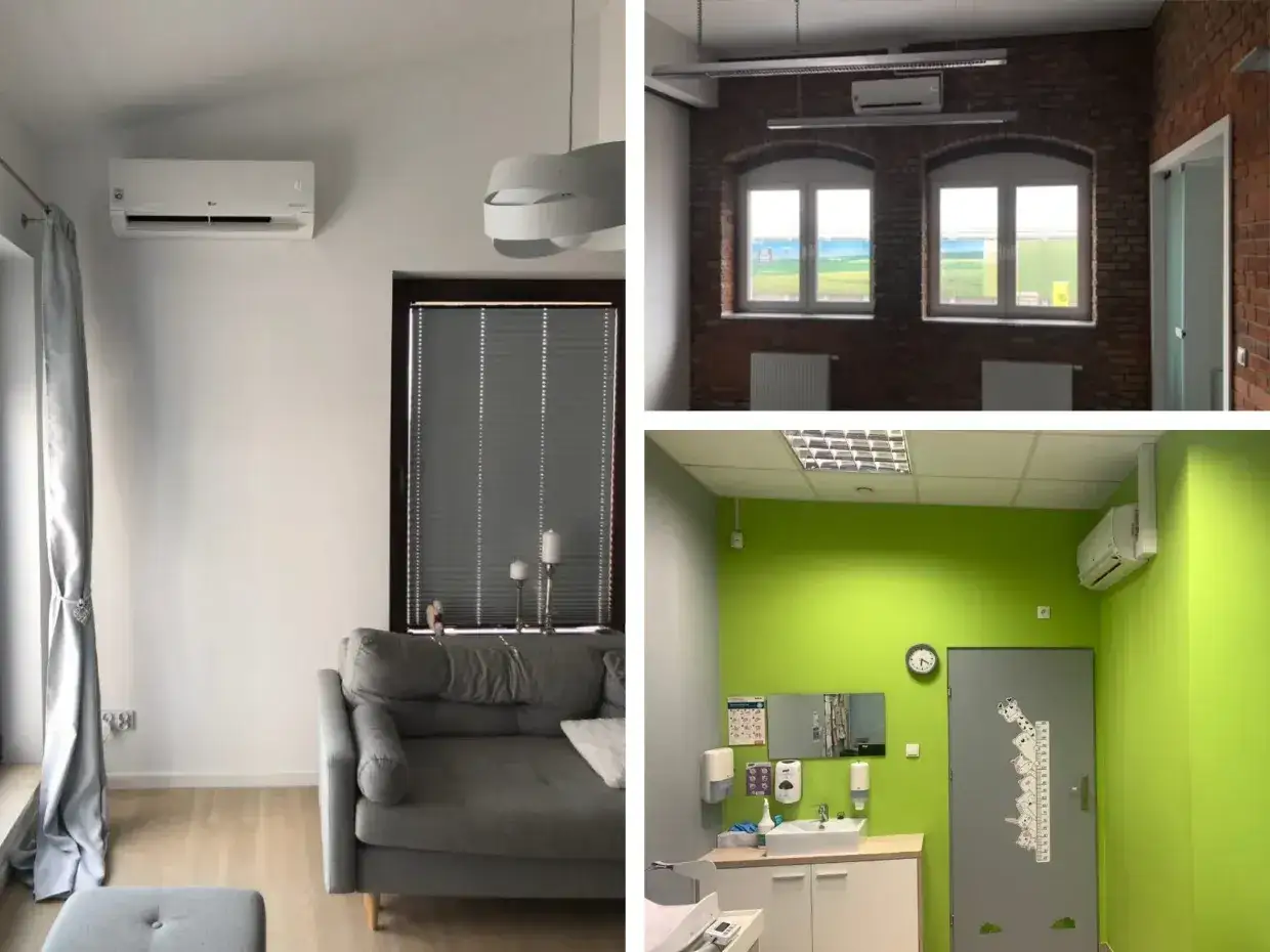 Klimatyzatory w różnych pomieszczeniach: salon, biuro z ceglaną ścianą, pokój dziecięcy.