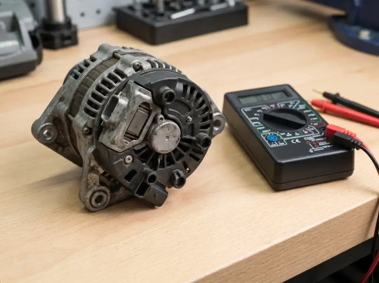 Alternator i multimetr na drewnianym stole. Przygotowanie do sprawdzenia regulatora napięcia.