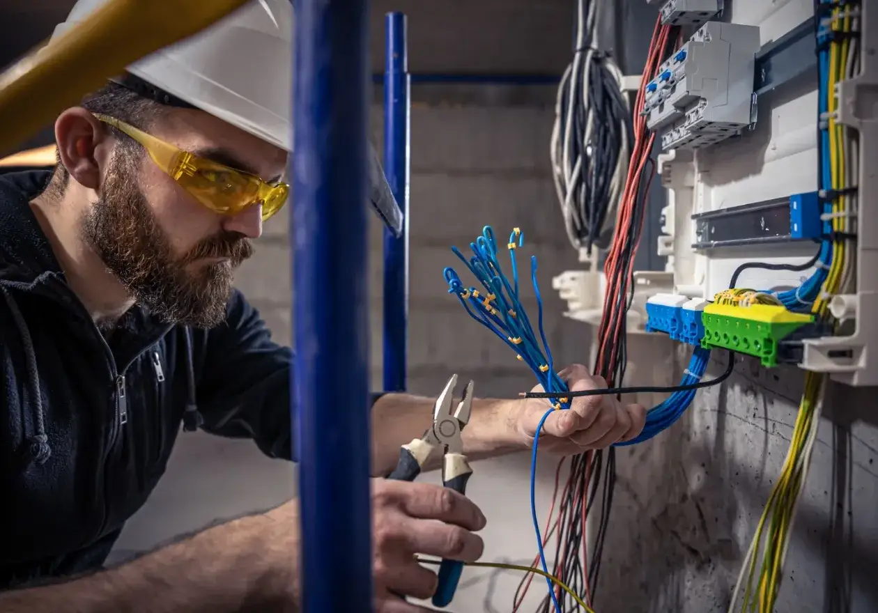 Elektryk w okularach ochronnych i kasku pracuje przy skrzynce z przewodami. To dobry przykład, jak zostać elektrykiem.