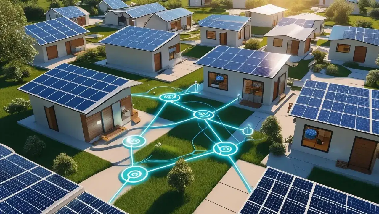 Osiedle domów z panelami słonecznymi, połączonych siecią energetyczną. Prosument kto to? To Ty, produkujesz i zużywasz energię.