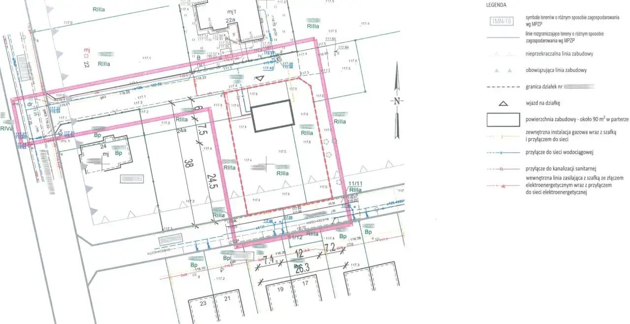 Plan sytuacyjny z zaznaczonym przyłączem elektrycznym, gazowym i wodociągowym.