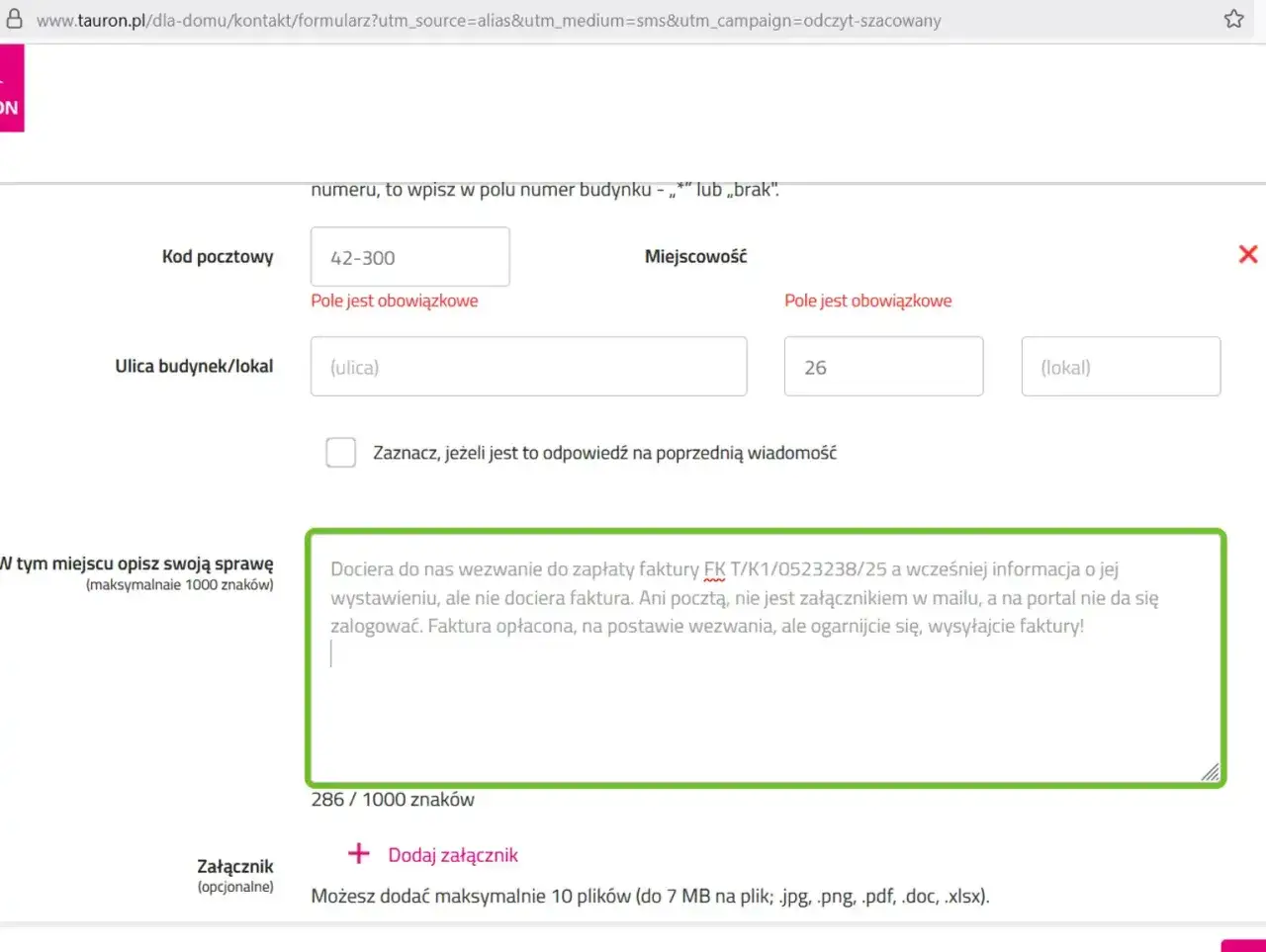 Formularz Tauron: wpisz adres, kod pocztowy 42-300, miejscowość. Wpisz treść sprawy, np. o faktury do pobrania.