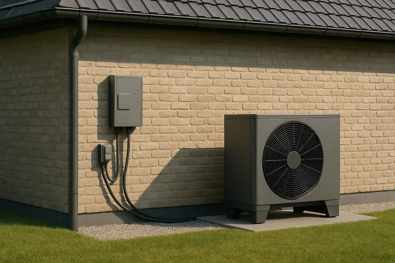 Nowoczesna pompa ciepła zasilana przez skrzynkę elektryczną. Zapewnia odpowiednią moc przyłączeniową dla domu.