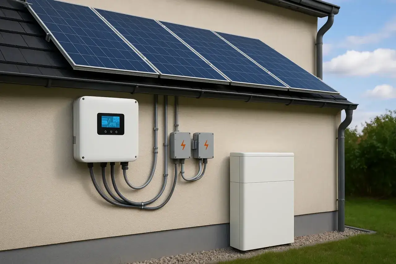 System fotowoltaiczny z panelem, falownikiem i akumulatorem. Budowa akumulatora to kluczowy element magazynowania energii.