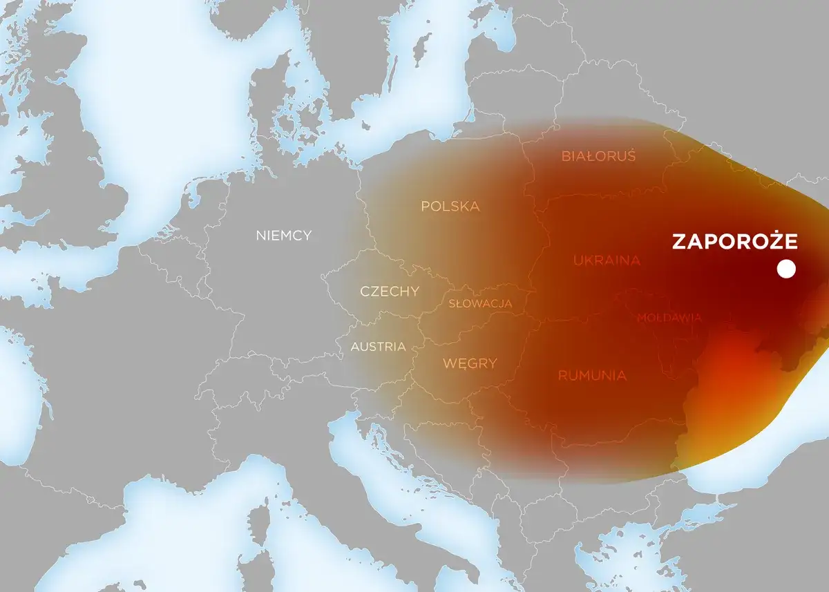 Mapa Europy z zaznaczonym obszarem skażenia po katastrofie w Zaporożu. Promień skażenia obejmuje Polskę, Białoruś, Ukrainę i sąsiednie kraje.