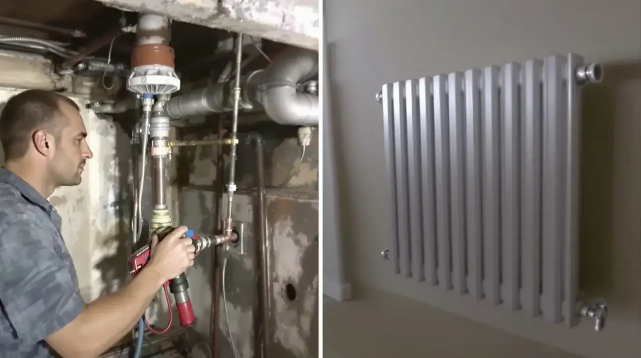 Instalator wykonuje wymianę grzejnika w bloku, lutując nowe przyłącze. Obok nowy, biały grzejnik.