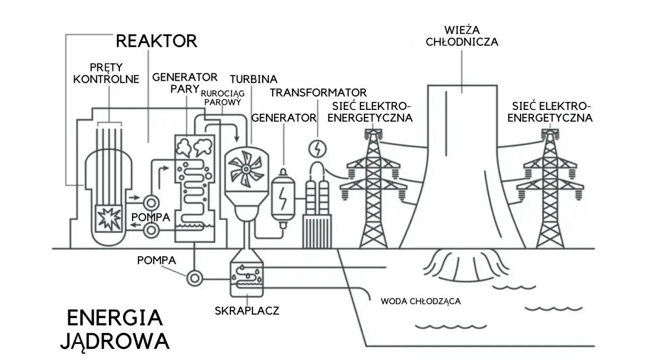 Schemat elektrowni jądrowej: reaktor, turbina, generator, transformator, wieża chłodnicza i sieć energetyczna.
