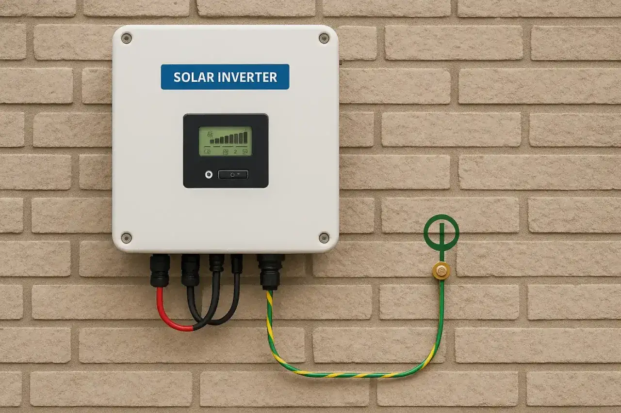 Falownik solarny na ceglanej ścianie, z ekranem LCD i przewodami. Uziemienie z symbolem, minimalizujące potencjalne emf.