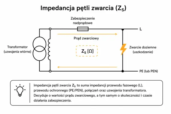 Schemat przedstawia pętlę zwarcia z transformatorem, zabezpieczeniem nadprądowym i punktem zwarcia doziemnego. Kluczowa jest impedancja pętli zwarcia (Zs), która wpływa na prąd zwarciowy i działanie zabezpieczeń.
