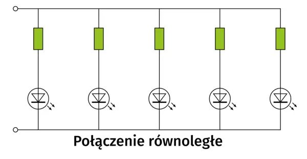 Schemat połączenia równoległego pięciu diod LED, z których każda ma swój rezystor ograniczający prąd.