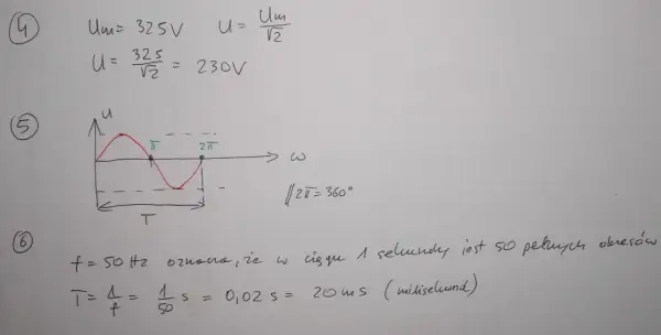 Obliczenia napięcia skutecznego: U = Um/√2 = 325V/√2 ≈ 230V. Wykres sinusoidy i obliczenia okresu T=1/f=20ms.