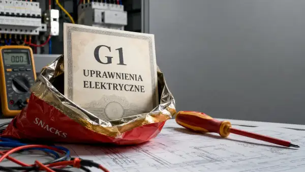 Certyfikat "G1 Uprawnienia Elektryczne" w paczce chipsów, obok multimetru i śrubokręta, symbolizuje łatwy dostęp do wiedzy i narzędzi dla elektryków.