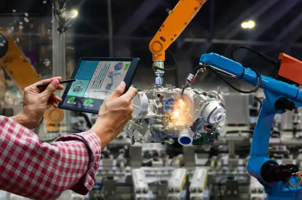 Operator kontroluje pracę robotów spawalniczych na tablecie, optymalizując procesy dla większych automatyk zarobki.