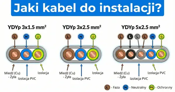 Porównanie kabli YDYp 3x1.5, 3x2.5 i 5x2.5 mm² – jaki kabel do gniazdek wybrać? Schemat pokazuje budowę i przeznaczenie żył.