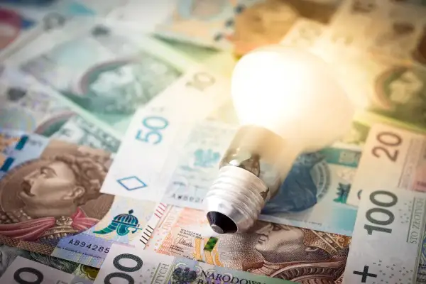 Żarówka na stosie polskich banknotów symbolizuje koszty energii, np. taryfa G11 Tauron.