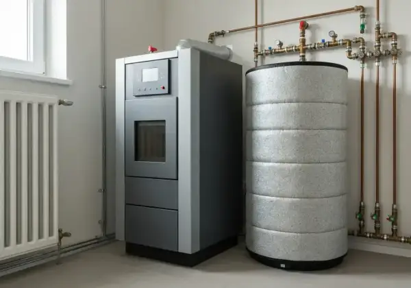 Nowoczesny bufor do pieca na pellet, obok zasobnika ciepłej wody, z instalacją grzewczą i grzejnikiem.