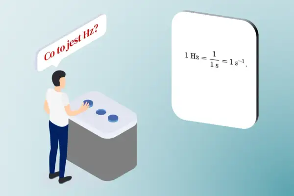 Chłopak pyta "Co to jest Hz?", a obok pojawia się wzór na częstotliwość: 1 Hz = 1/1s = 1s⁻¹.