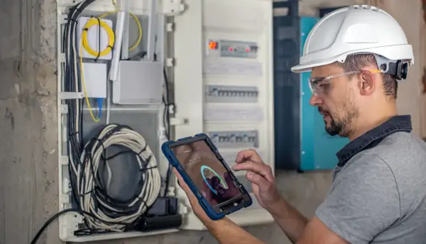 Technik w kasku i okularach ochronnych wykonuje przegląd instalacji elektrycznej, korzystając z tabletu z aplikacją diagnostyczną.