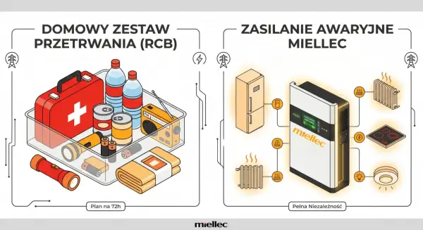 Zestaw przetrwania na wypadek awarii zasilania: apteczka, woda, konserwy, radio, latarka. Obok system zasilania awaryjnego Miellec z lodówką, grzejnikiem, płytą i oświetleniem.